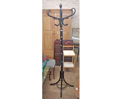 An ebonised wood freestanding hat and coat stand, set on a splayed bentwood base - sold with an Edwardian mahogany occasional
