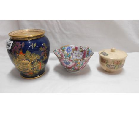 An Art Deco Crown Devon pottery vase with enamel chinoiserie decoration - sold with a small Japanese late Satsuma lidded pot 