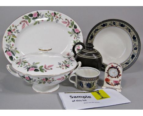 A collection of Wedgwood Hathaway Rose pattern dinnerwares including sauce boat and stand, oval meat plate, pair of tureens a