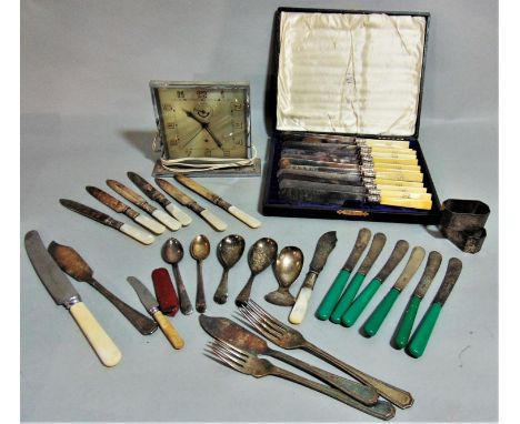 Mixed collection of silver and silver plate to include two silver napkin rings, a caddy spoon and teaspoon, together with var
