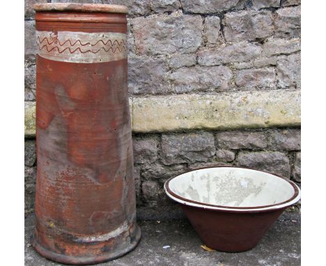 A vintage circular tapered terracotta dairy pan with glazed interior, 45c,m diameter x 21cm high, together with a further ter