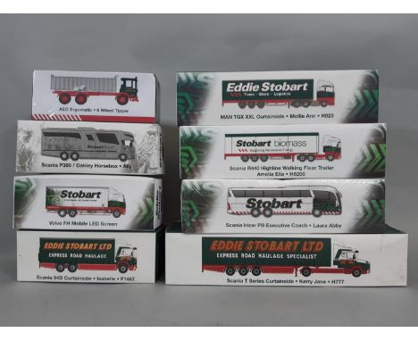 8 die-cast Eddie Stobart model lorries, all 1:76 scale, (3  in sealed cellophane) and a pack of Eddie Stobart coasters (9) 