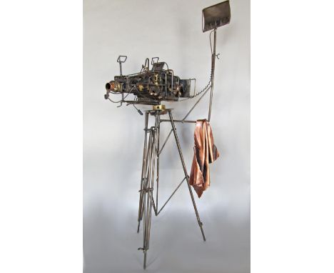 By David Whipp (20th century) - copper and metal steam punk type sculpture of an old fashioned camera on a tripod stand, 62 c