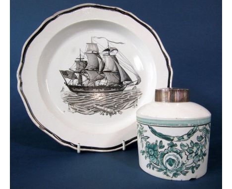 Late 18th/ early 19th century creamware plate with transfer printed decoration of a battleship flying an American flag, 25.5c