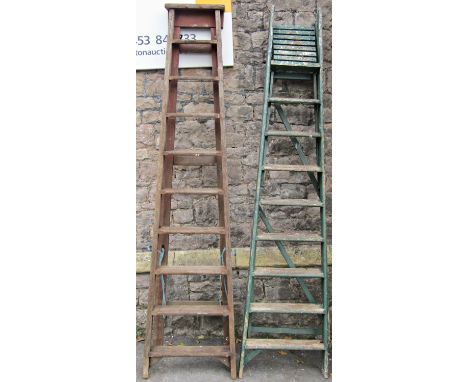 Two large vintage wooden folding step ladders, varying design (af) to be sold for display purposes only, 8ft tall approx 