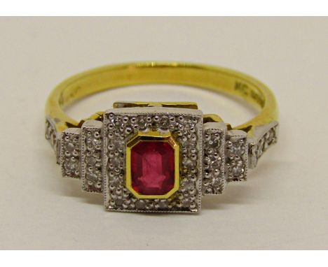 Art Deco style 18ct ruby and diamond ring of stepped design, size M, 3.7g 