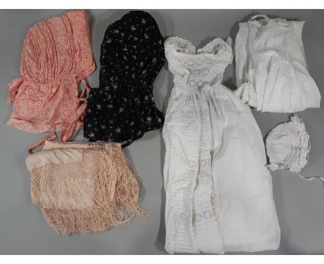 Mixed textile collection including 2 vintage bonnets in printed cotton with piped detailing, a fringed silk shawl (AF), 2 ear