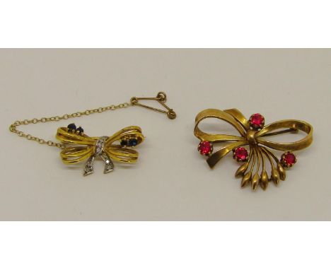 Two vintage 9ct bow brooches; one set with rubies, the other with spinels and diamonds, 9.3g total 