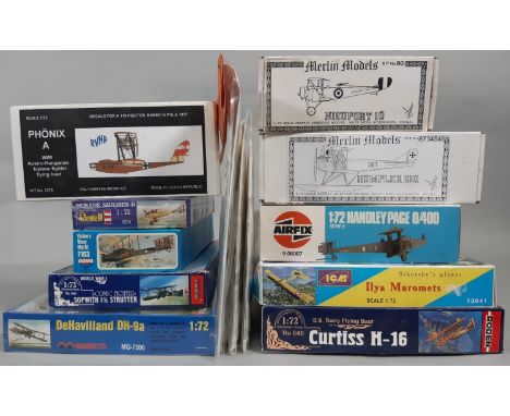 14 model aircraft kits, all 1:72 scale WW1 planes, including Airfix Handley Page 0/400, others by roden, Maquette, ICM, Revel