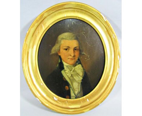 18th century British school - Bust length portrait of oval form showing a young gentleman in late 18th century style costume 