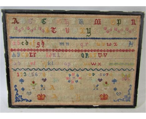 A needlework sampler, probably late 18th century by Alice Stones aged ten years, indistinctly dated within floral cartouche 1