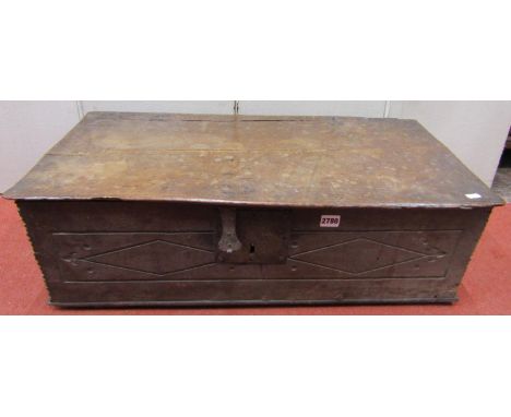 An 18th century oak bible box, the front elevation with simple geometric carving, with steel lock plate and hasp, 80 cm wide 