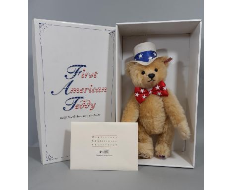 Steiff bear 'First American Teddy' 2003 limited edition no 7478 with customised Steiff eartag, star spangled bowtie and hat, 