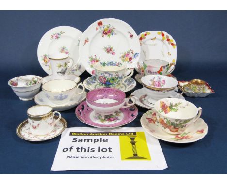 A collection of decorative cups and saucers, trios, etc including a Royal Worcester cabinet coffee cup and saucer with butter