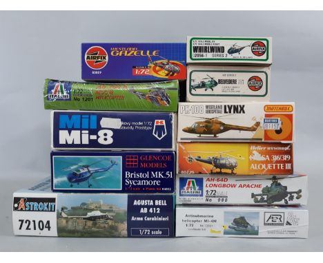 11 model aircraft kits, all 1:72 scale models of helicopters, all appear un-started, many with sealed contents. Includes kits