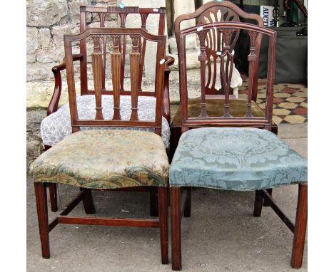 Four Georgian dining chairs, one arm and three singles, varying designs, with upholstered seats ***PLEASE NOTE THE CHIPPENDAL