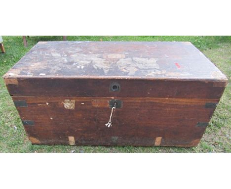 19th century camphor wood travel trunk, partially brass banded, 105cm wide 