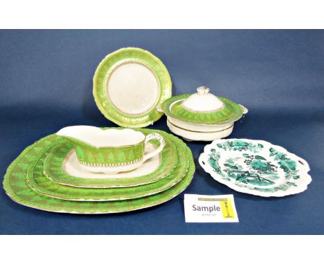 A collection of Ashworth Brothers ironstone dinnerwares with green and gilt border decoration comprising a pair of tureens an