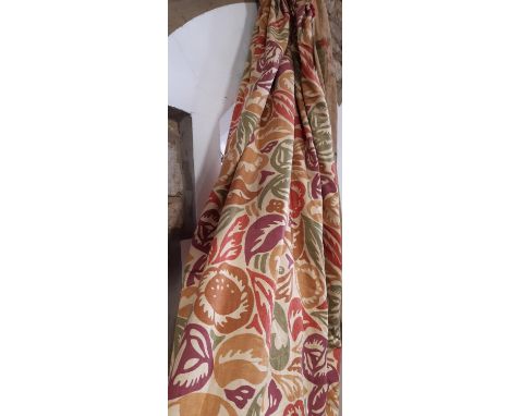 1 pair of extra long heavyweight curtains with triple pleat heading in contemporary multi coloured print, on biscuit ground. 