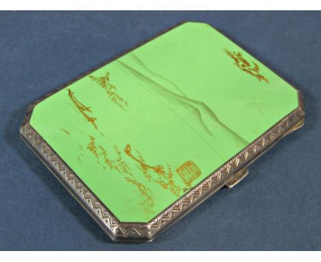Good art deco 925 import silver cigarette case, the top fitted with a green lacquered panel with gilt overlay, with geometric