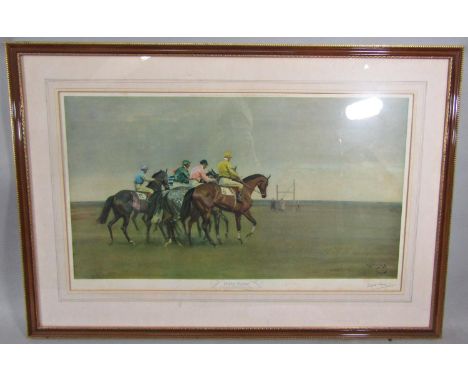 Sir Alfred Munnings PRA RI (1878-1959) - October Meeting, signed coloured print, published by Frost and Reed 1957, 43.5 x 74c