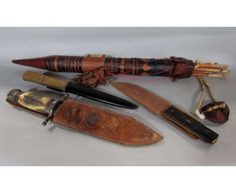 Horn handled hunting knife together with a further hunting knife, a bayonet type dagger and a collection of primitive arrows 