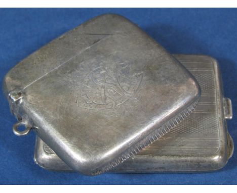 Early 20th century silver vesta case, together with a further later engine turned silver card case, 3oz approx (2) 