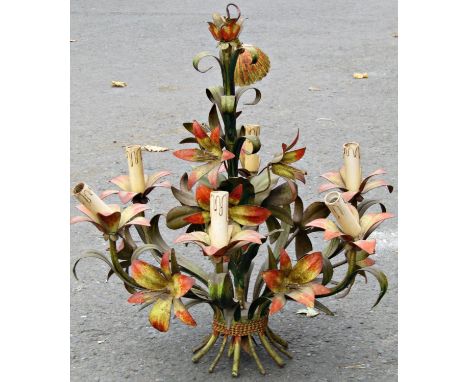 A decorative painted light metal six branch hanging ceiling light/electrolier of naturalistic scrolling floral form, 60 cm dr