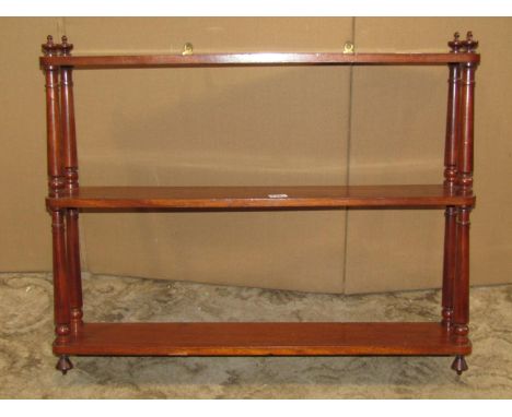 Victorian mahogany two tier wall shelf, turned and tapering supports, together with a further Edwardian wall shelf in mahogan