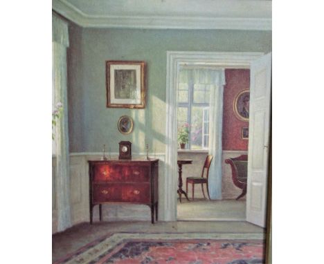After Hans Hilsoe (Danish, 1871-1942) - Interior scene, coloured oil effect print on board, inscribed verso - Sunny Interior,