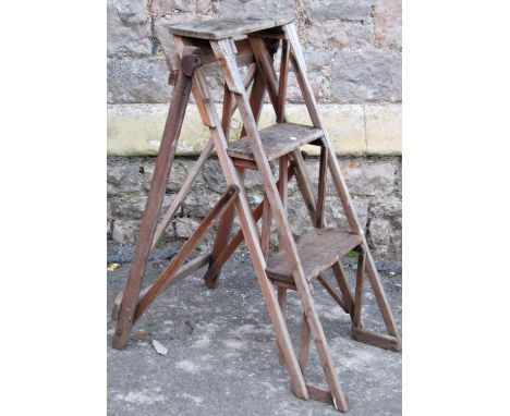 A small vintage wooden step ladder with stamped cast iron fittings, 'The Hatherley Lattister Patent' (AF), sold for display p