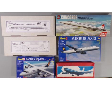 6 model aircraft kits, all 1:144 scale models of Airliners, including kits by Revell, Airfix, Welsh Models and one other. All