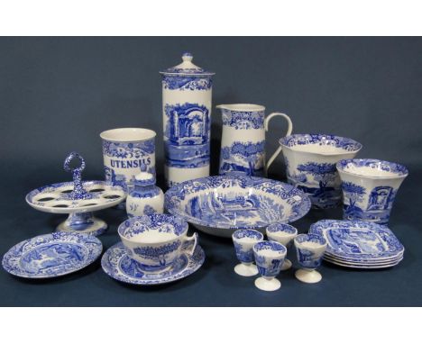 A collection of Copeland Spode Italian pattern blue and white printed wares including a six egg stand of oval form, a tall cy