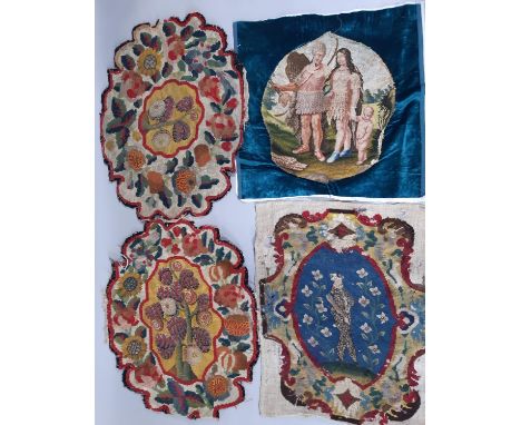 Three 19th century textile panels of oval shape, all approx 52x40cm, each with finely embroidered central picture bordered by