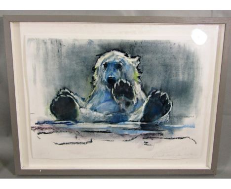 Mark Adlington (British B.1965) - Ice Bath - Polar Bear, conte and pastel on paper, signed and dated 2016, 40.5 x 58cm approx