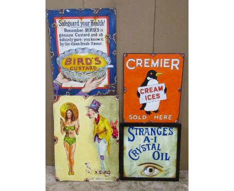 Four hand painted advertising signs in a vintage fashion, ice cream, Birds custard, Ambre Solaire and Strange's crystal oil 