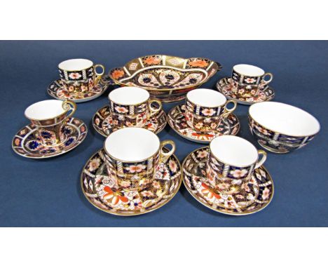 A Royal Crown Derby two handled basket with painted and gilded decoration in the imari manner, no 1128, 27.5cm long approx, t