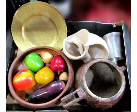 Unusual, probably Scandinavian Kuksa together with a collection of further decorative items to include carved wooden fruit, a
