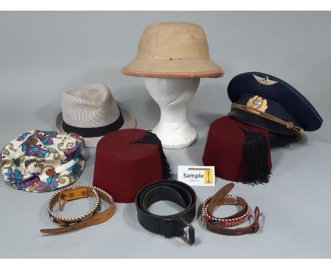 Mixed collection of vintage hats and clothes including a pith hat marked 'Airplane United Helmet MFG Singapore' size 6¾, 2 Eg