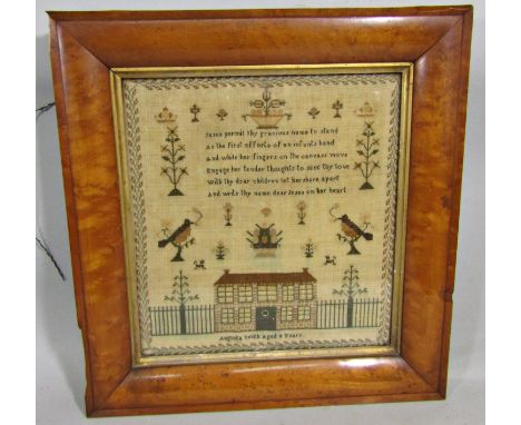 Late 18th/early 19th century needlework sampler by Augusta Smith aged nine years, 31 x 29cm approx in burr wood frame with gi