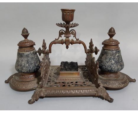 Good quality Victorian cast copper desk standish, with raised candle sconce over a pen brush, flanked by a pair of shagreen e