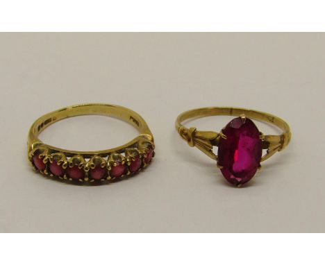 9ct ruby half hoop ring and a further 9ct pink paste ring, both size P, 4g total 