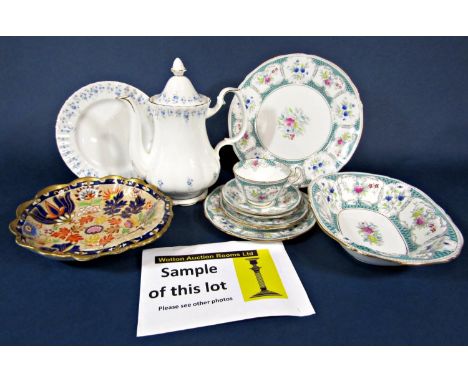 A collection of Royal Albert Memory Lane pattern wares including coffee pot, sandwich tray, oval meat plate, eight dinner pla