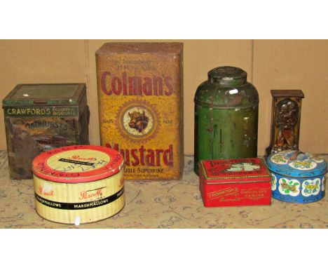 A small collection of vintage tins comprising Crawfords Delightful Biscuits Shop Display tin, further Colmans Shop tin, Blend