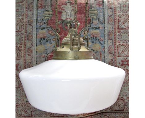 Art deco style brass and opaline glass ceiling light on three geometric chains attached to semi flush fitting, 60cm Long (inc