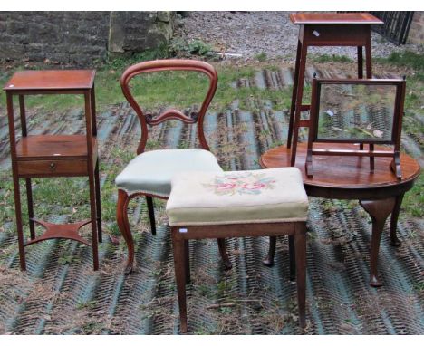 A small collection of antique furniture including an Edwardian mahogany occasional table of square cut form, crossbanded in s