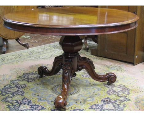 Mid-Victorian period tea table with circular top, raised on a hexagonal vase shaped pillar and carved tripod base, with scrol