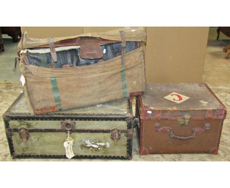 A vintage fibre steel banded and reinforced cabin trunk together with two others of varying design (3) 