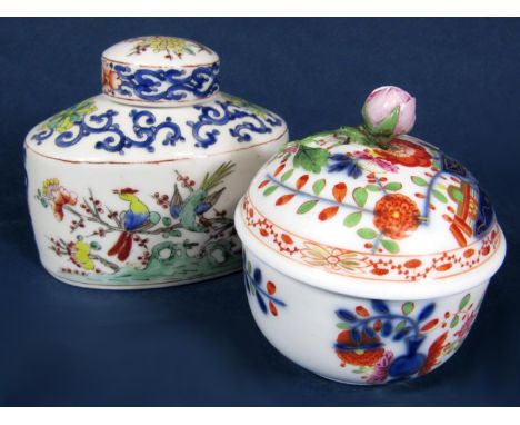A 19th century continental caddy and cover of oval form with polychrome painted chinoiserie style decoration, with painted Ch
