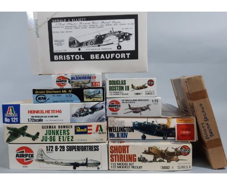 11 model aircraft kits all 1:72 scale of WW2 bombers and all appear un-started, some with sealed contents. Includes kits by A